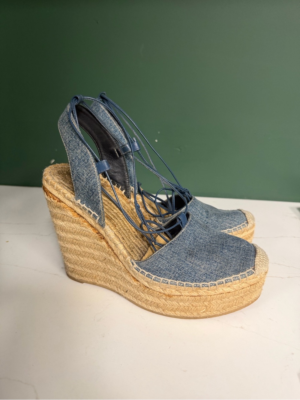 SAINT LAURENT Denim Blue Espadrille Wedge Sandals - Women's Lace-Up Platform